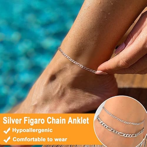 U7 Sterling Silver Anklets Adjustable Foot Jewelry 3Mm Diamond Cut Figaro Chain Ankle Bracelets For Women Teen Girls 22-27Cm #TOP5