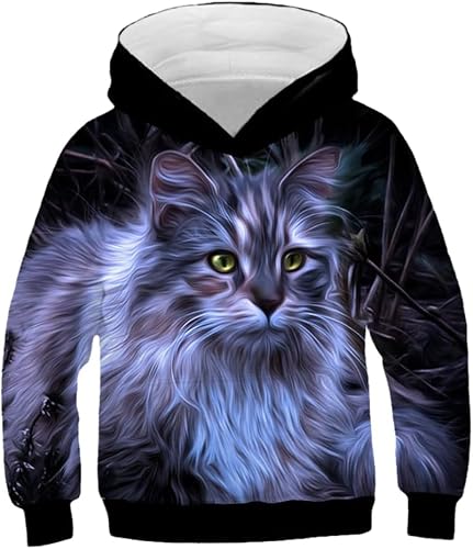 Fashion Cat Hoos Teen Girls Boys 3D Sweatshirt à Capuche imprimé Enfants Loose Pullover Kids Streetwear, TYW-3235,7 Ans