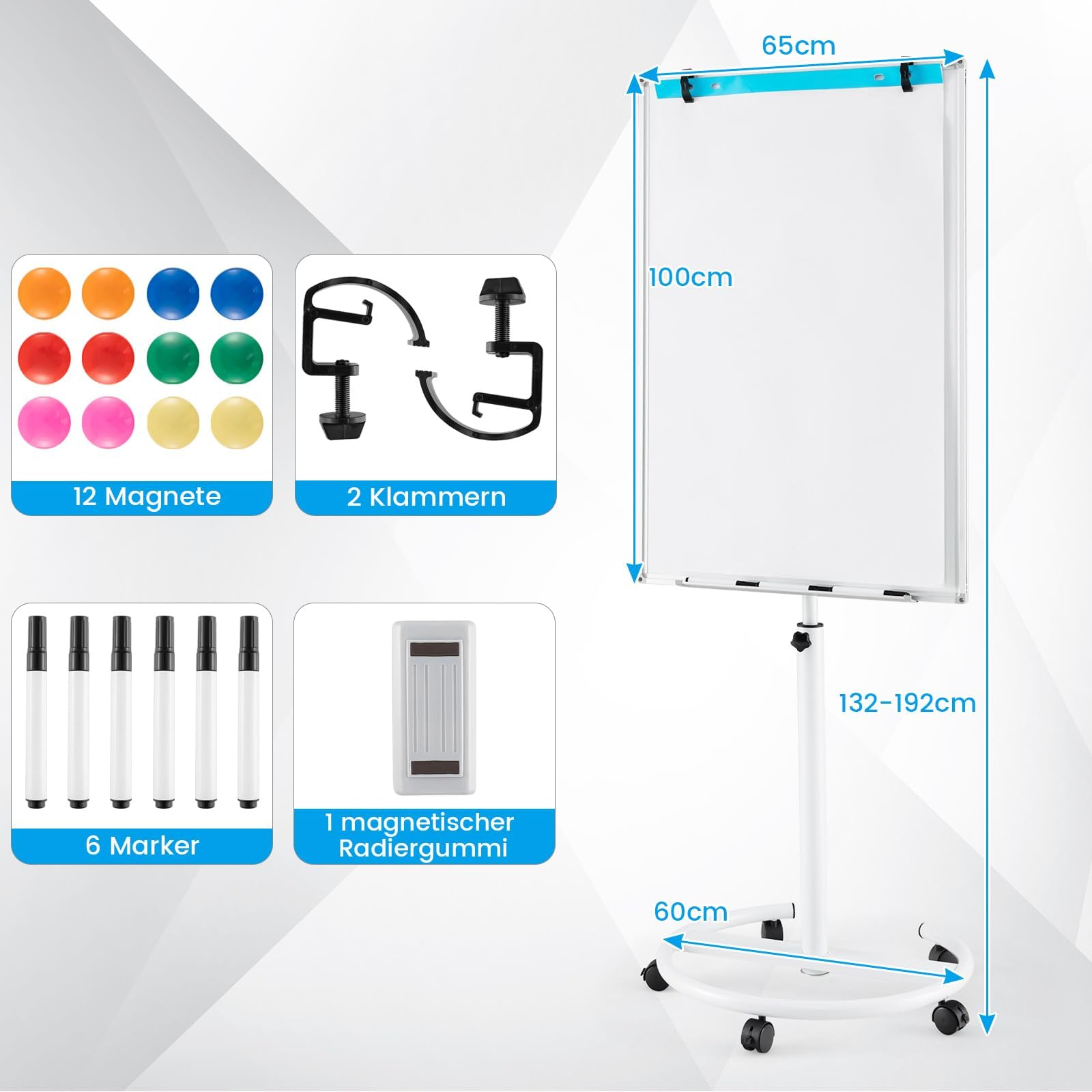 FANTASK Flipchart Ständer, 100x65cm, Mobiles Whiteboard auf Rollen, höhenverstellbar bis 192cm, trocken abwischbar, magnetisch, Flip Chart mit rundem Ständer, Magneten, Markern & Radierer, Weiß