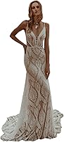 MRLYOUTH Bohemian Lace Mermaid Beach Wedding Dress - Spaghetti Straps Deep V-Neck Backless Train Bridal Gown
