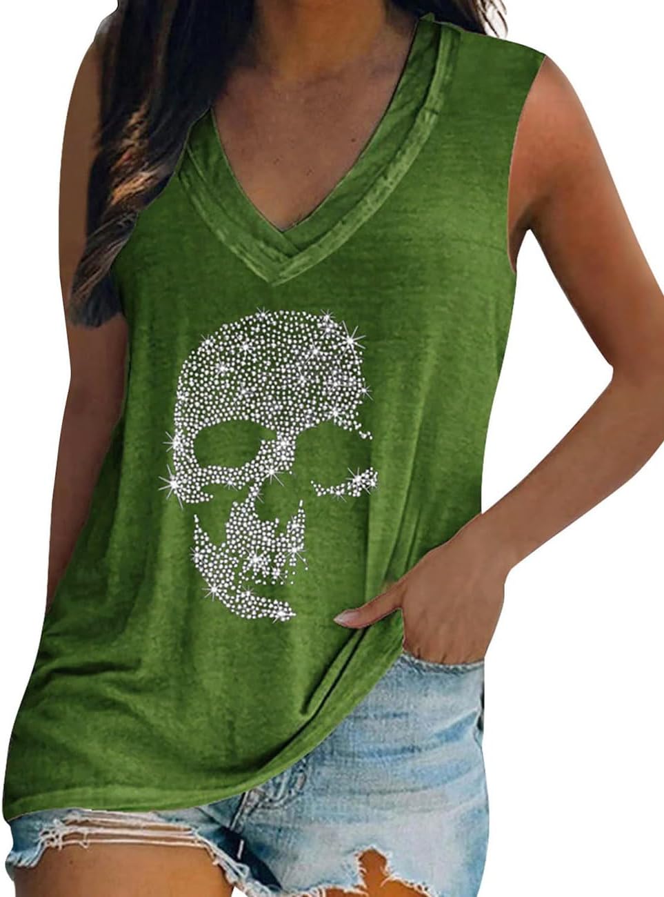 Fronage Women's Rhinestone Skull Tank Tops Loose Graphic V Neck Sleeveless Tee Shirt