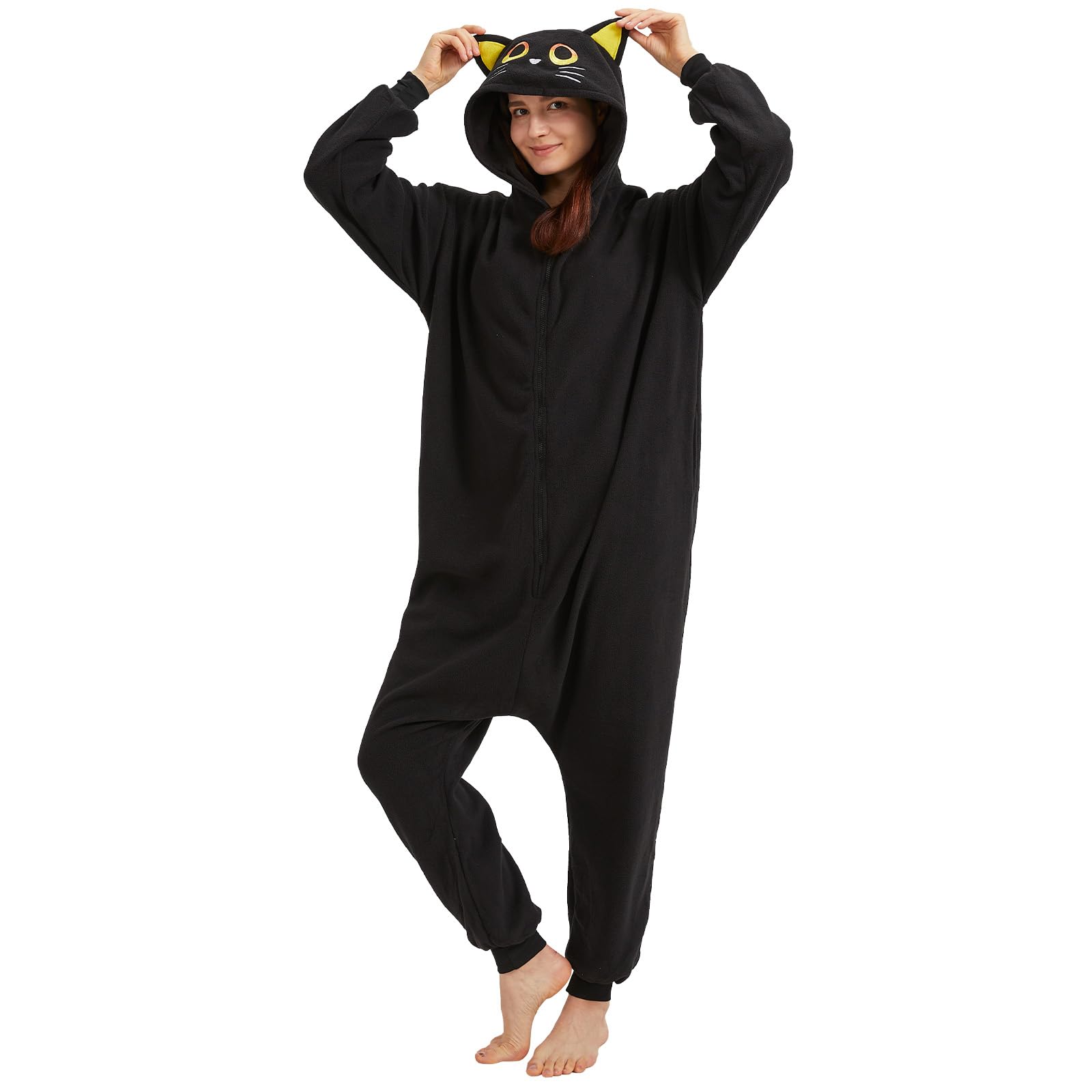 Pijamas de gato negro acogedor para adultos, disfraz de Halloween de una pieza, ropa de dormir de Navidad