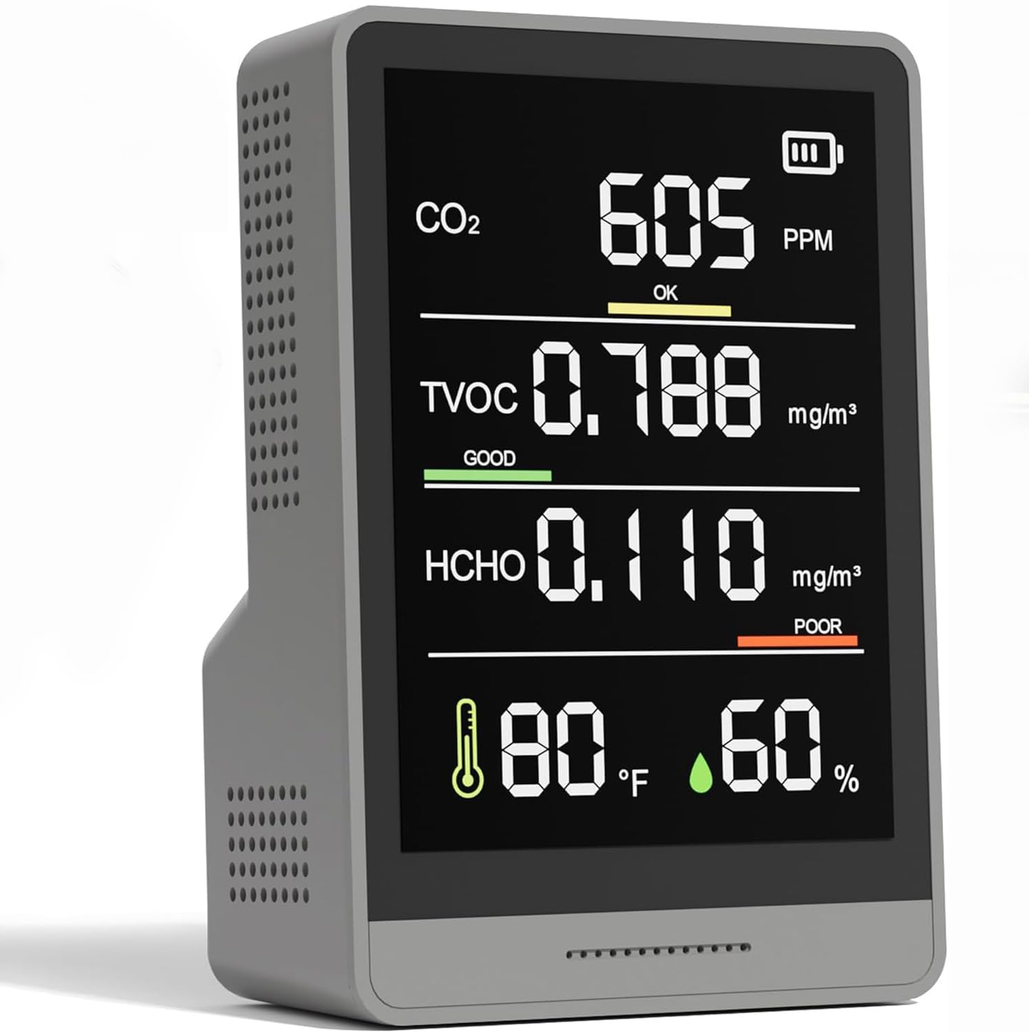 二酸化炭素濃度計 CO2/TVOC/HCHO/温度/湿度測定 CO2測定器 空気品質検知器 空気質量測定器 CO2モニター リアルタイム監視 USB充電式 高感度センサー 換気アラート 家庭用 農業用