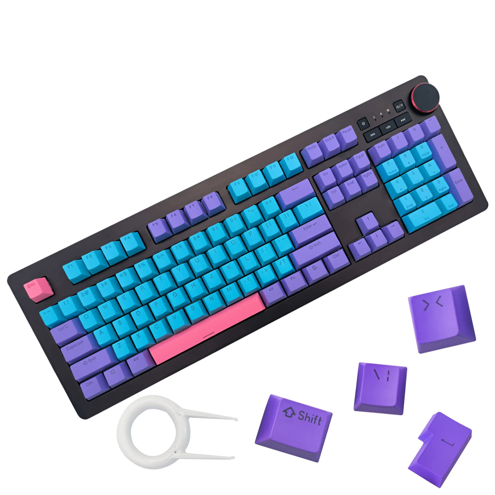HUHKOUAE Gaming Keyboard Key Caps，backlit Keycaps，104 Keys ABC Keycaps，translucent Backlit 104 Key Cap with Key Puller for 61/64/84/87/96/98/104/60% Mechanical Keyboard (pink+purple+blue) (Blue)