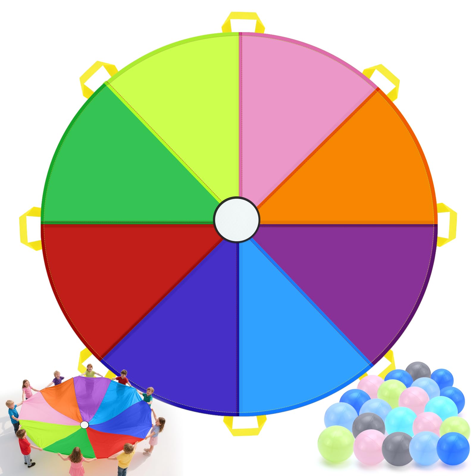 Paracadute Bambini Ø 300 cm Paracadute per Bambini - Giochi di Gruppo al Chiuso e All'Aperto per Eventi Scolastici e Feste di Compleanno