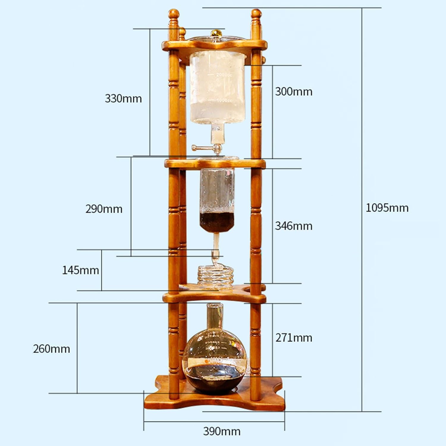 Cold Brew Coffee Tower, Ice Coffee Machine With Slow Drip Technology, 3000ml Large Capacity Glass Pot, Brown Wood Straight Frame, for Bars, Clubs, Parties