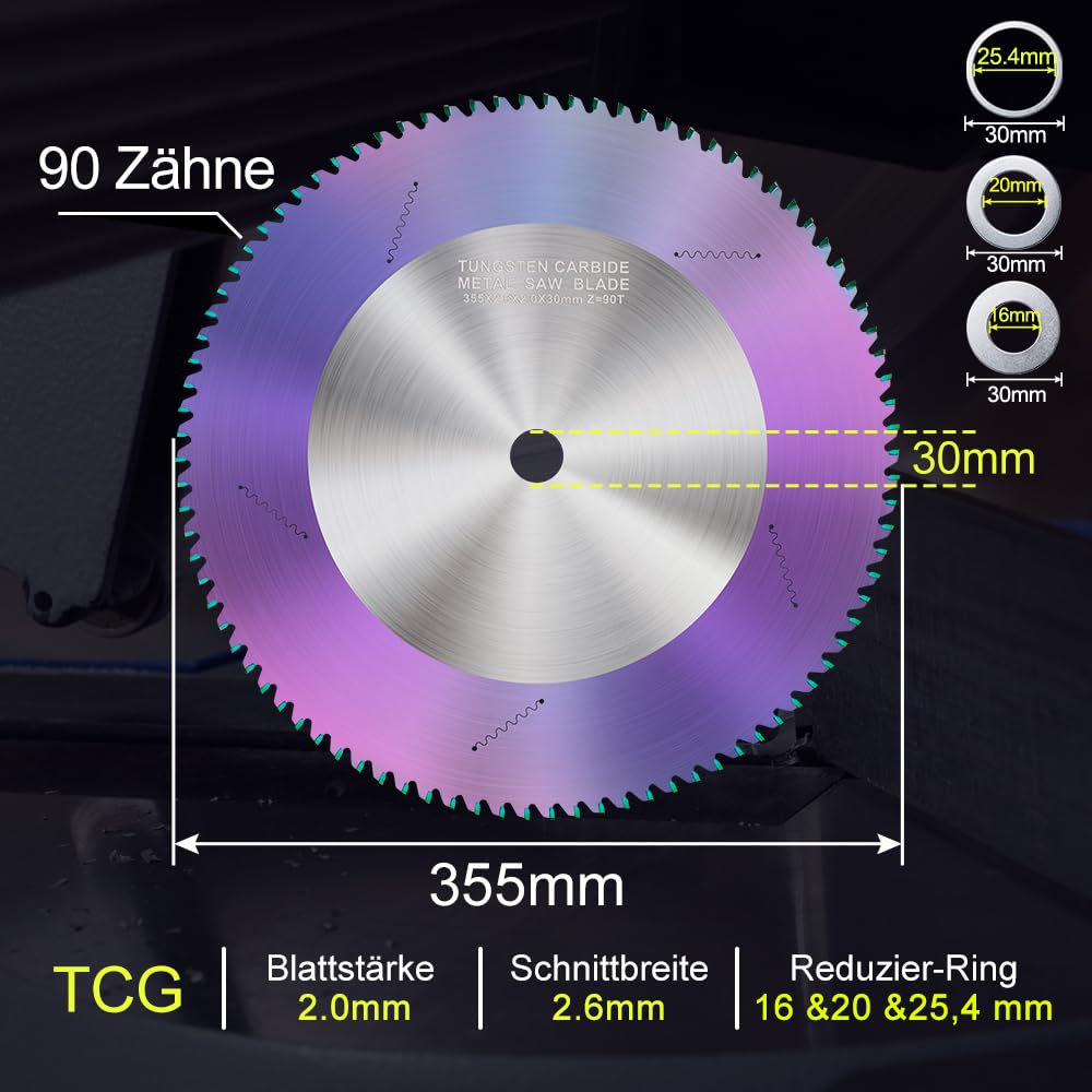 Lama per sega circolare, 355 x 30 mm, per metallo, acciaio, ferro, 90 denti, in metallo duro, rivestimento ULTRA, per sega circolare da tavolo, sega, troncatrice, sega circolare da tavolo HM