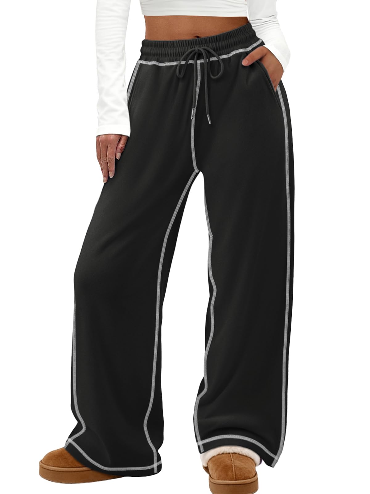 ATHMILE Track Pants Women Sweatpants Wide Leg Straight Drawstring Teen Girl Fall Jogging Soft Lounge Athletic Pajama Joggers