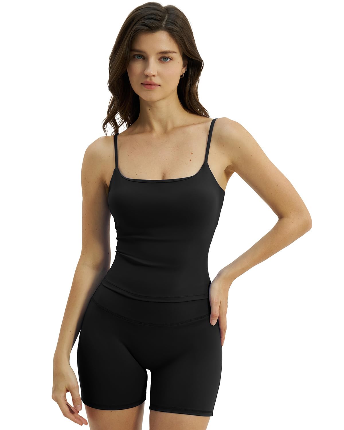 QINSEN 2 Piece Workout Sets for Women Spaghetti Straps Tank Top High Waist Tummy Control Bike Shorts Yoga