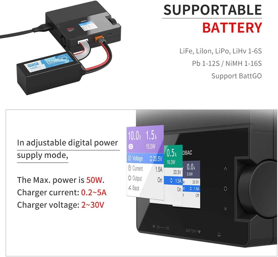 ISDT 608AC charger connected to a battery, illustrating supported battery types.