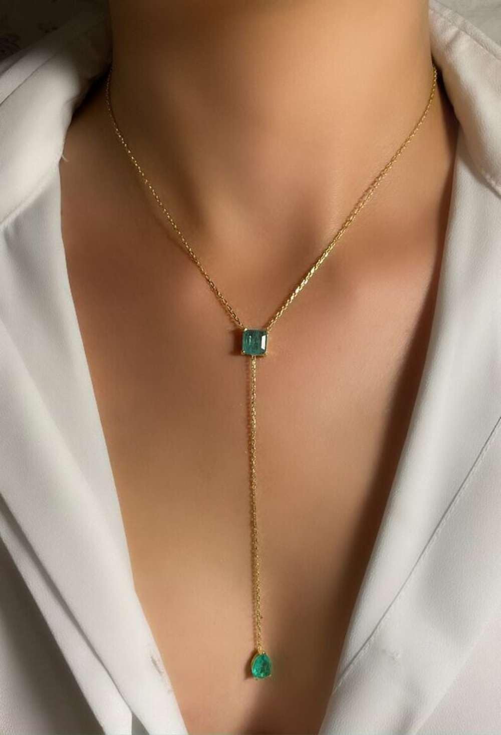 3.00CT Princess Cut Green Emerald Women's Lariat Necklace In 20" 14k Yellow Gold Plated