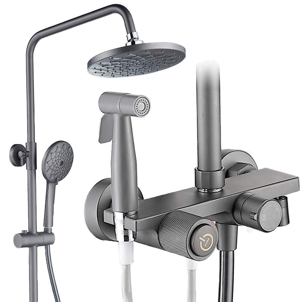 Ensemble douche mitigeur de pluie anti-calcaire gris foncé carré avec douchette et bidet