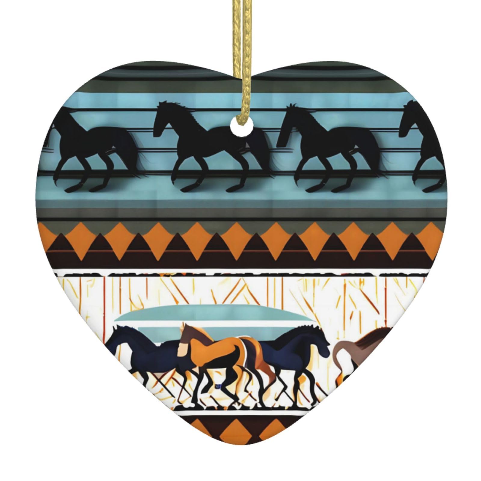 Horse Stripes Pattern Ceramic Christmas Heart Pendant with Silk Thread, Christmas Tree Home Decoration