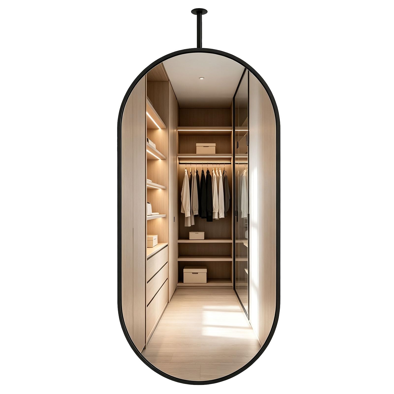 Miroir ovale moderne à tige suspendue, salle de bains monté au plafond | Miroir monté au plafond avec cadre et flèche en acier inoxydable brossé,pour salle d'eau,chambre à coucher(Noir,50cmx60cm)