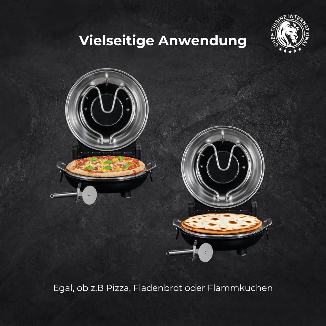 CHEF CUISINE Pizza Maker mit Keramikstein Ø 31 cm – Elektrischer Pizzaofen mit 1.200 Watt, Sichtfenster, Ober-/Unterhitze, inkl. Pizzaheber & Pizzaschneider – Ideal für Pizza, Flammkuchen & Fladenbrot