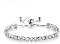 White Gold Plated Tennis Bracelet for Women - Adjustable Silver CZ Diamond Slider, Elegant Wedding Gift Jewelry