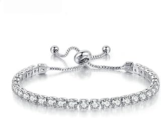 White Gold Plated Tennis Bracelet for Women - Adjustable Silver CZ Diamond Slider, Elegant Wedding Gift Jewelry