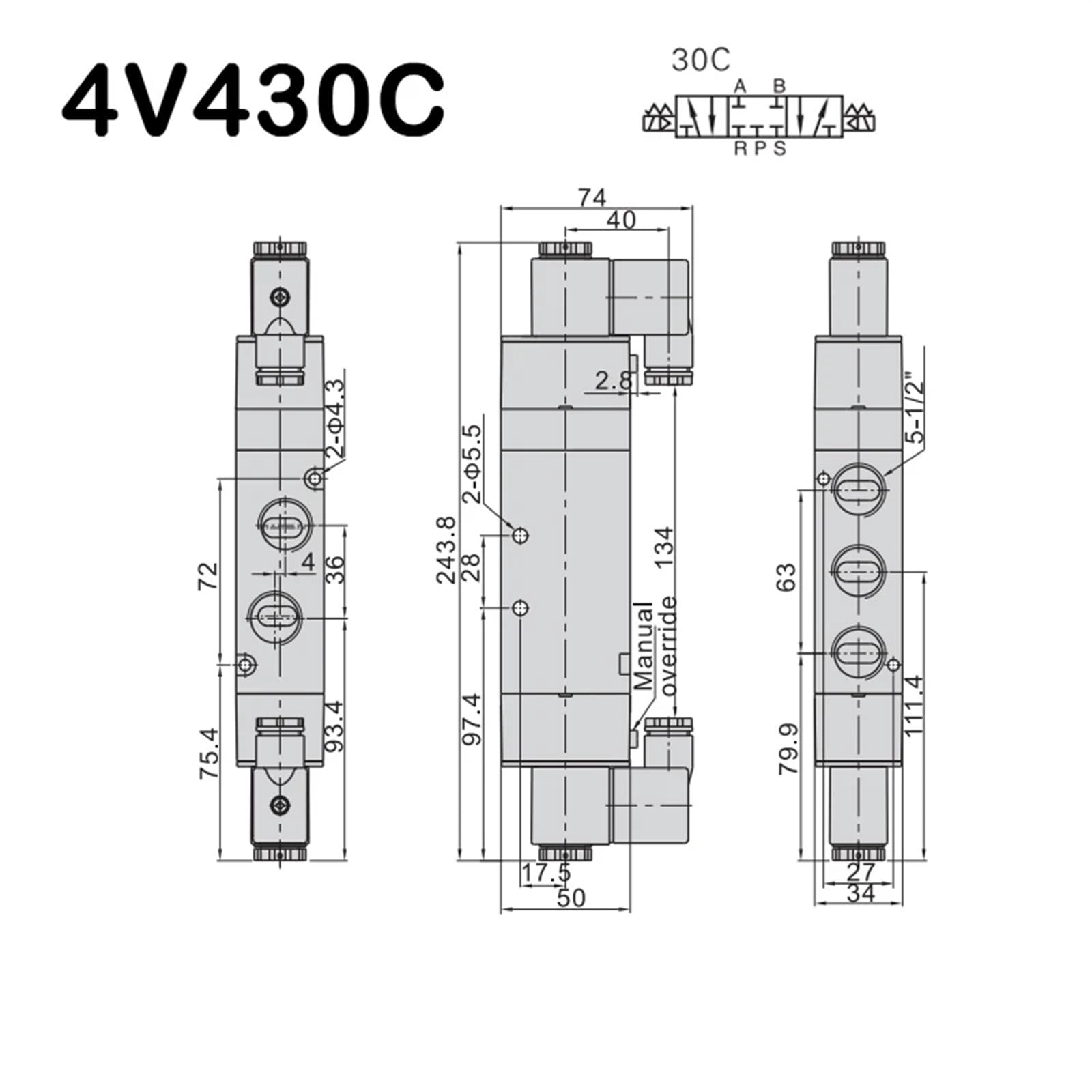3 Posiciones 5 Puertos 4V130C-06 4V230C-08 4V330C-10 4V430C-15 Válvulas solenoides de Aire Control neumáticas Tamaño : DC12V(Coil,AC220V)