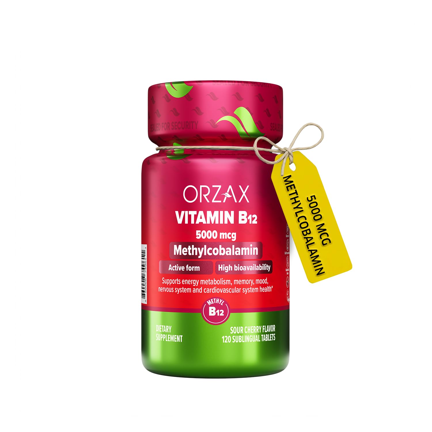 ORZAX Vitamin B12 5000 mcg Methylcobalamin for Memory, Mood, Blood Cell Function, Cardiovascular and Energy Supplement - Cherry Flavored - Vegan & Non-GMO - 120 Sublingual Tablets - 120 Day Supply