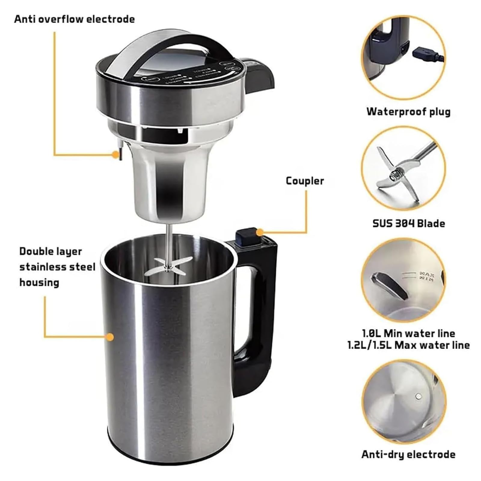 Macchina per latte di soia e noci, 1,5 l, a base vegetale, con set di filtri, barra di avanzamento LED, avvisi acustici per latte di mandorle, avena e porridge