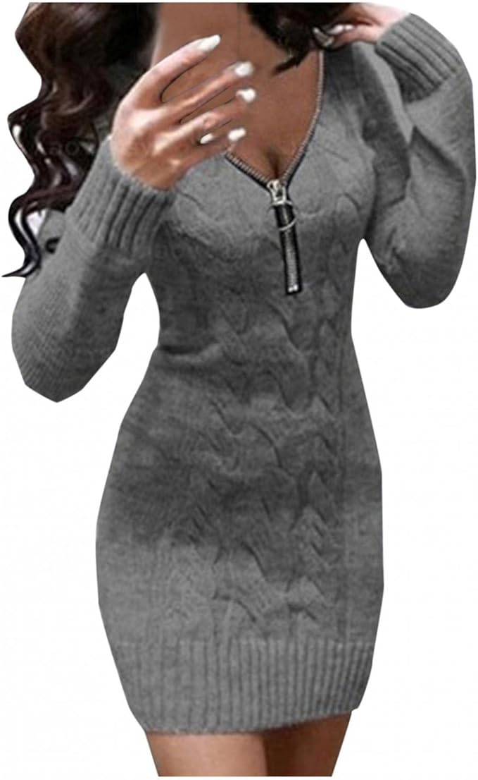 Amazon Co Jp Dress ワンピース レディース 長袖 きれいめ ジップアップ Vネック ニットワンピース タイト 膝上 セーター セクシー ヒッピスカート ミニ丈 ドレス エレガント イブニングドレス ファッション 同窓会 披露宴 お呼ばれ 春 夏 秋 冬 服 ファッション小物