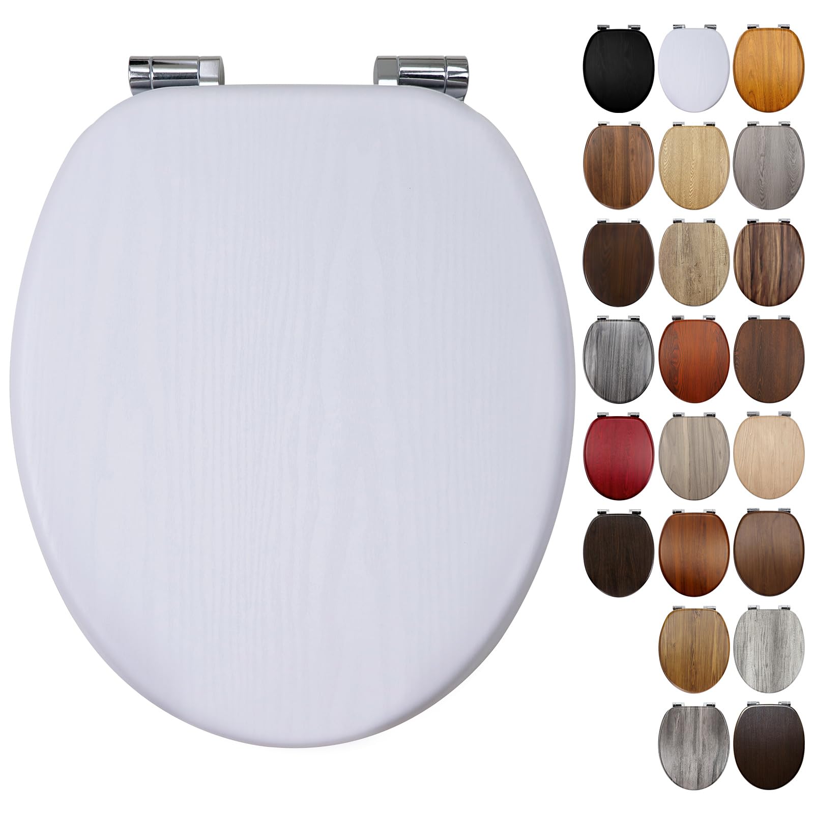 Fanmitrk White Wooden Toilet Seat with Soft Close Adjustable Solid Hinges, MDF Wood Oval Toilet Seats (JH1205-01)