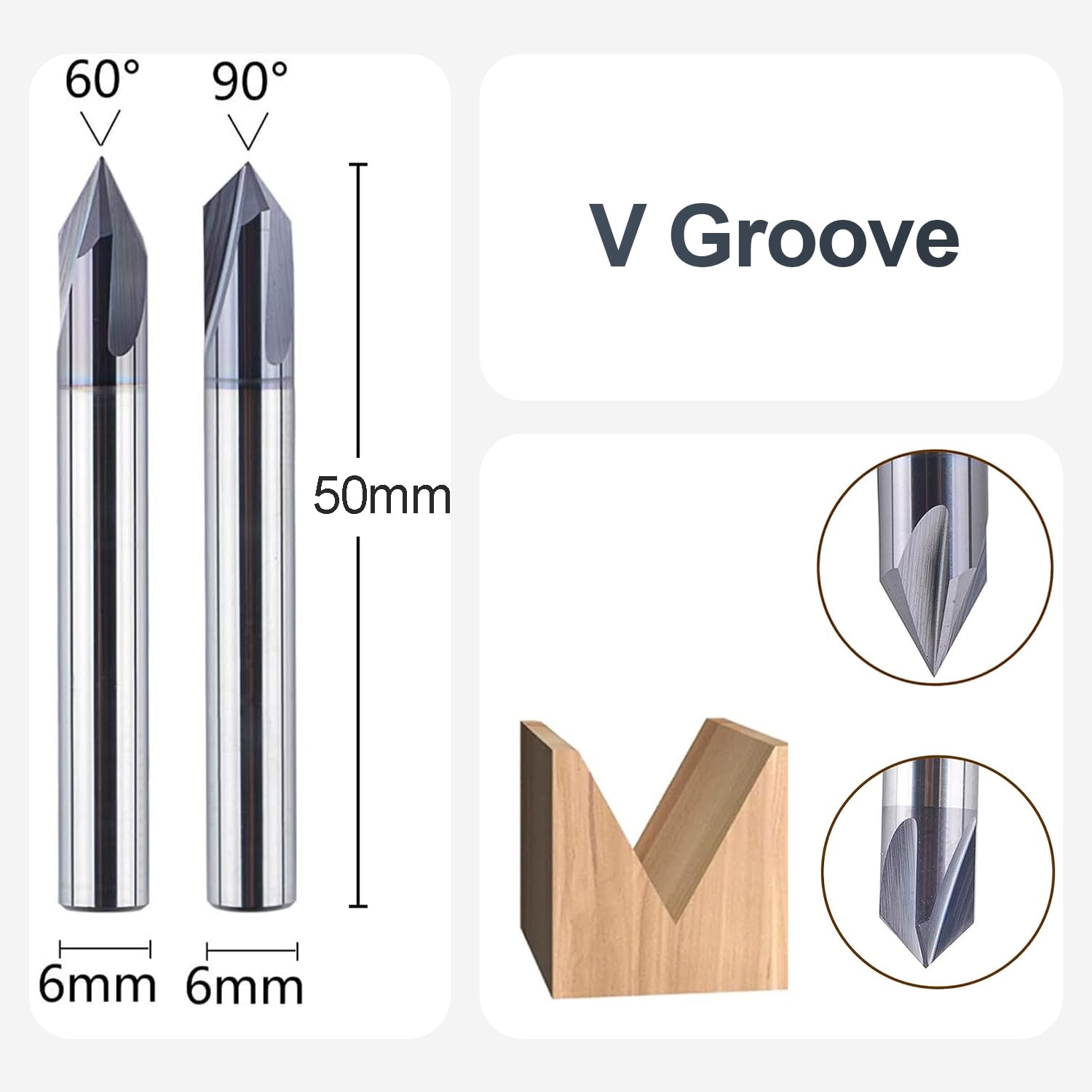 SpeTool Fraise à graver - Chanfrein - Tige 6 mm - 60° et 90° V - Rainurage VHM 3 flûtes - Fraise CNC