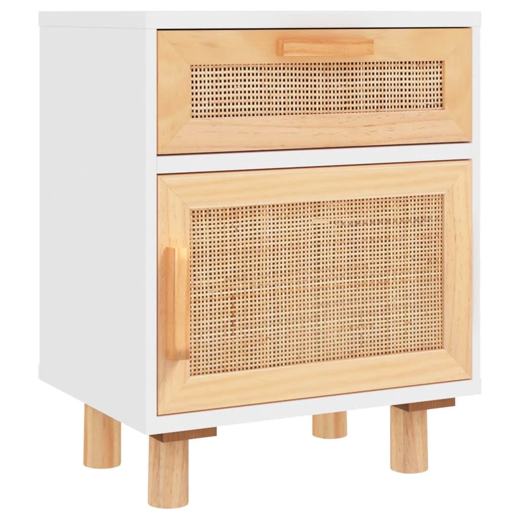 Fengshui Comodino bianco in legno massello di pino e rattan naturale