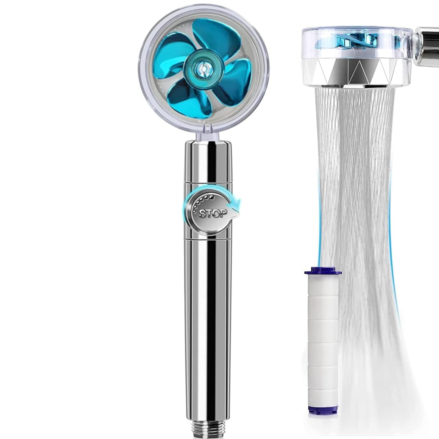 Jjiaolinin Blue High Pressure Shower Heads, Handheld Turbo Fan Shower With Filters Vortex Hydro Jet Turbo Propeller 360 Degrees Rotating Shower Head(Blue)