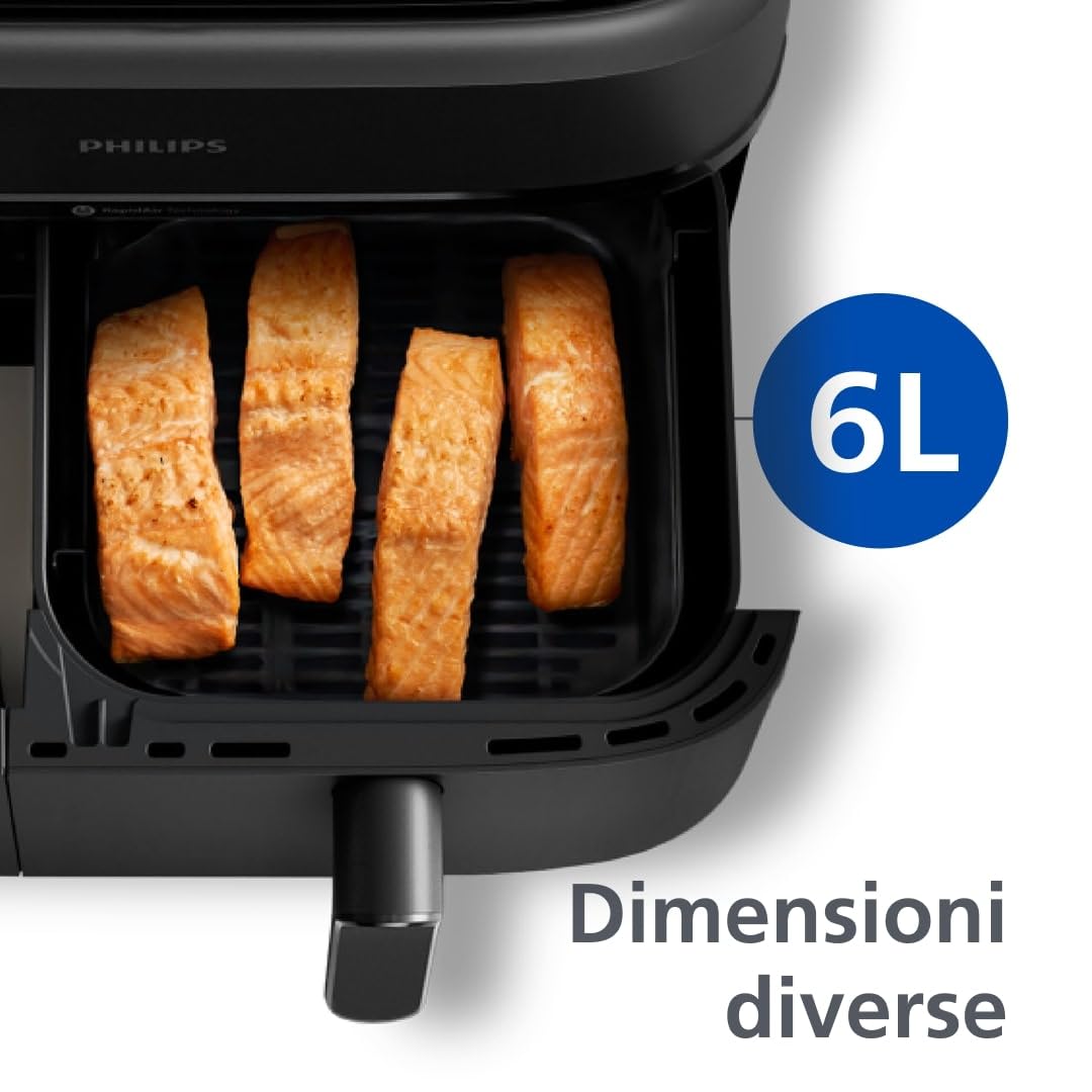 Philips Dual Basket Air Fryer - Cottura sana, veloce e versatile, Friggitrice ad aria con Doppio Cestello da 9L, Touchscreen, design a 2 cestelli con doppia resistenza e termostasti separati(NA350/00)