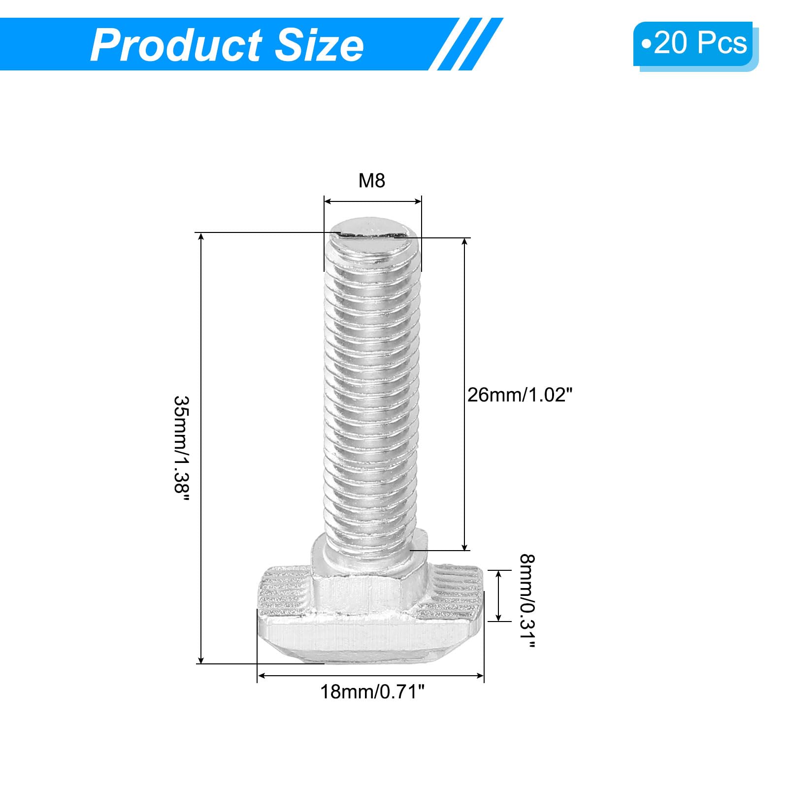 PATIKIL Tornillo de Cabeza Martillo T M8x30, 20 Piezas T Slot Drop In Bolt Hammer Head Bolts para Perfil de Aluminio Estándar Europeo Serie 2020