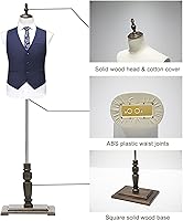 Vista 4 de Maniquí masculino de torso con forma de maniquí con soporte de madera maciza retro, maniquí de ropa ajustable de altura de 73 pulgadas