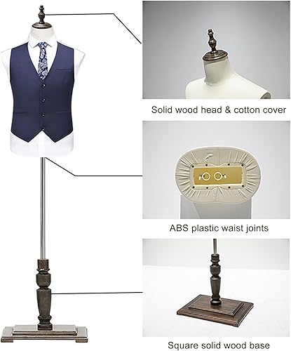 Miniatura 4 de Maniquí masculino de torso con forma de maniquí con soporte de madera maciza retro, maniquí de ropa ajustable de altura de 73 pulgadas para