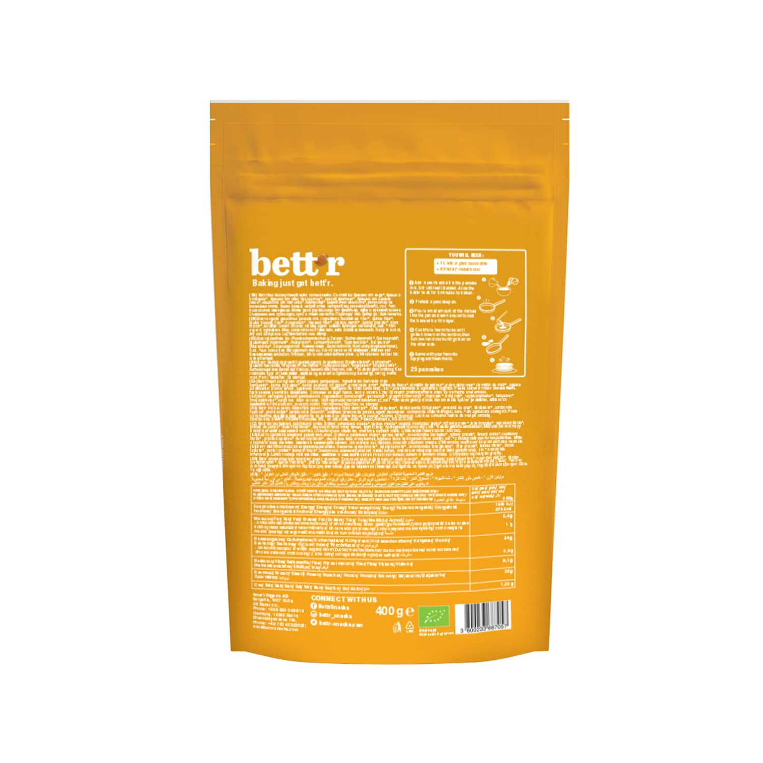 bett'r Pancake Mix. Bio, Vegane & Gluten free Backmischung Mit Bio-essentials, 6 x 400g-25 Pfannkuchen Pro Packung