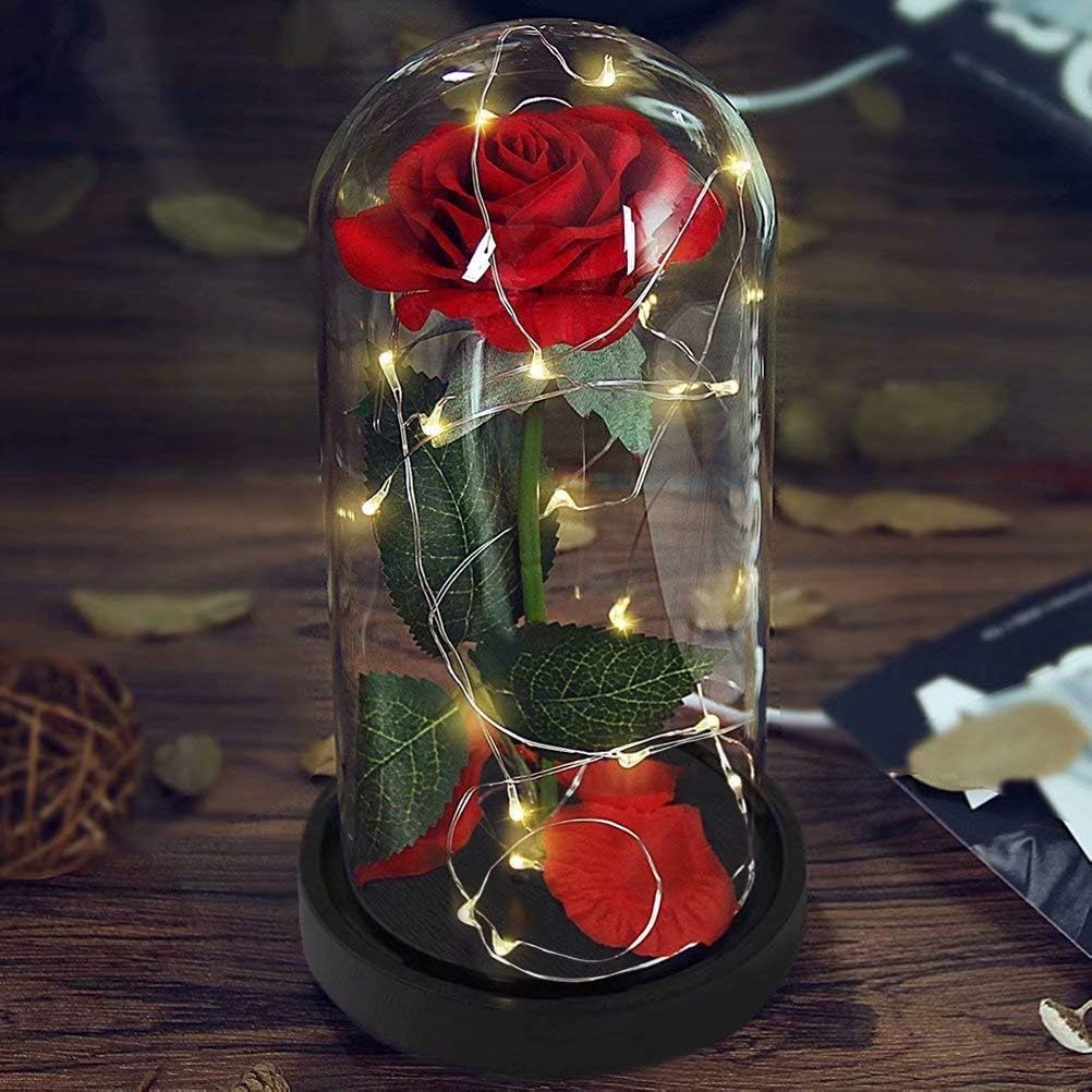Deluxsa Enchanted Red Silk Rose,Beauty and the Beast Rose with Fallen Petals in A Light Dome,Home/Office or Home Decorations, Anniversary, Valentine's Day Christmas Gift