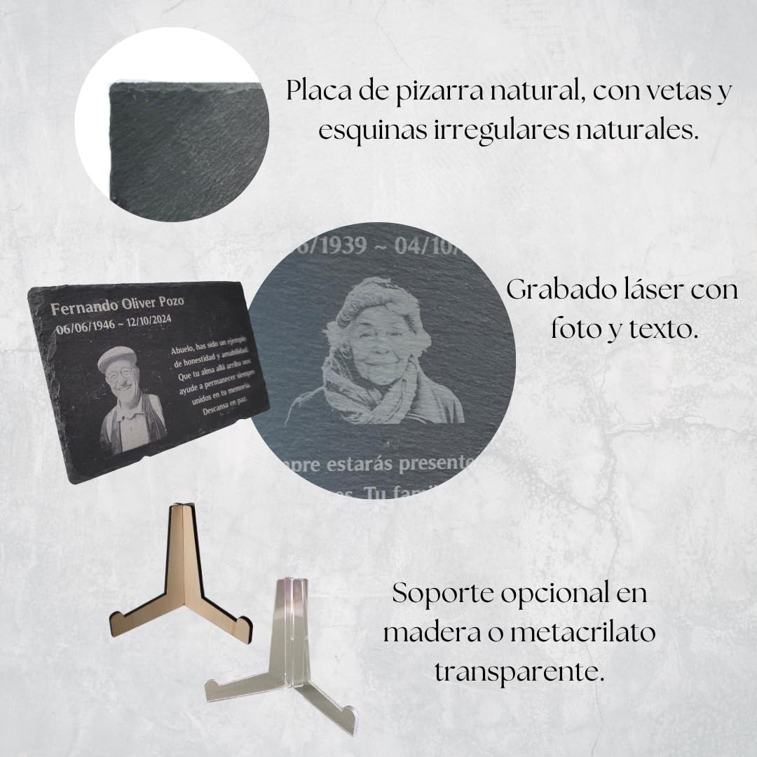 Forging Art Bcn Placa funeraria conmemorativa - Tamaño 200 x 130 mm - Foto, fecha y dedicatoria personalizable - Soporte opcional