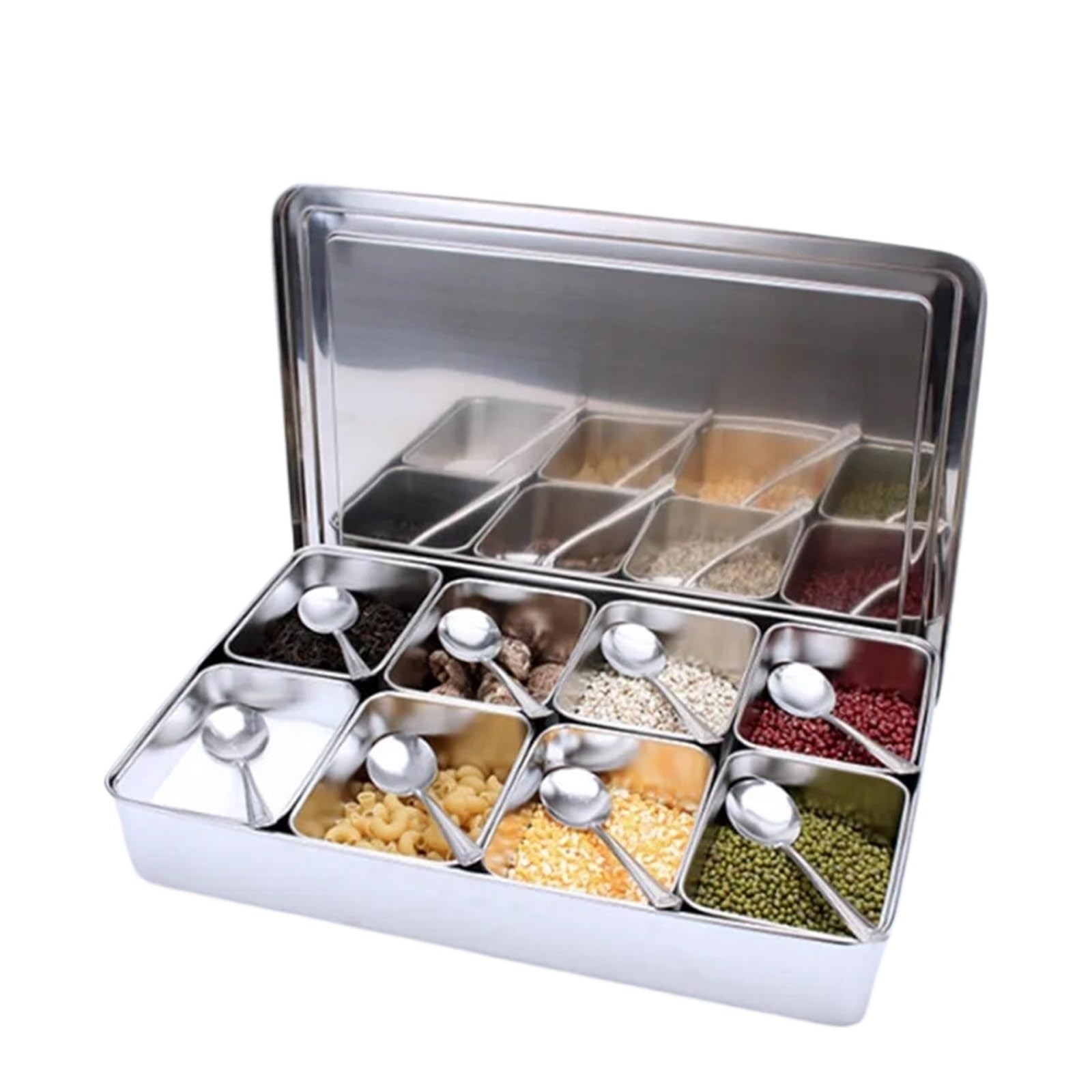 UBOHUZ Kitchen Food Storage Container Compartments Stainless Steel Seasoning Box Containers With Lid Rectangle Chef Tools for Kitchen Condiment(8grid 45x30xH7cm)