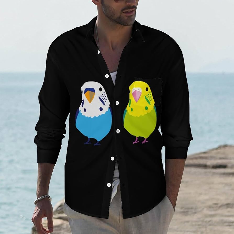 Amazon.co.jp: セキセイインコ 二匹 鳥柄 メンズ 長袖 シャツ