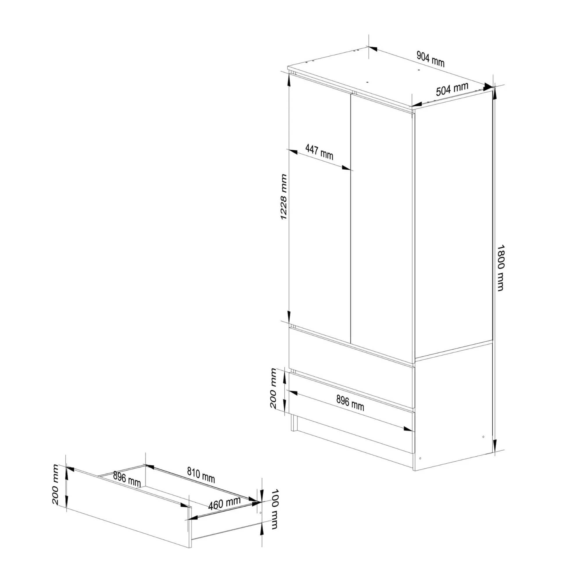 AKORD Armoire 2 Portes | Armoir Chambre 2 Tiroirs avec Etagères et Une Tringle | L90 x H180 x P51 cm | Panneau Stratifié 16mm | Armoire sans Penderie Chambre | Dressing Rangement Placard