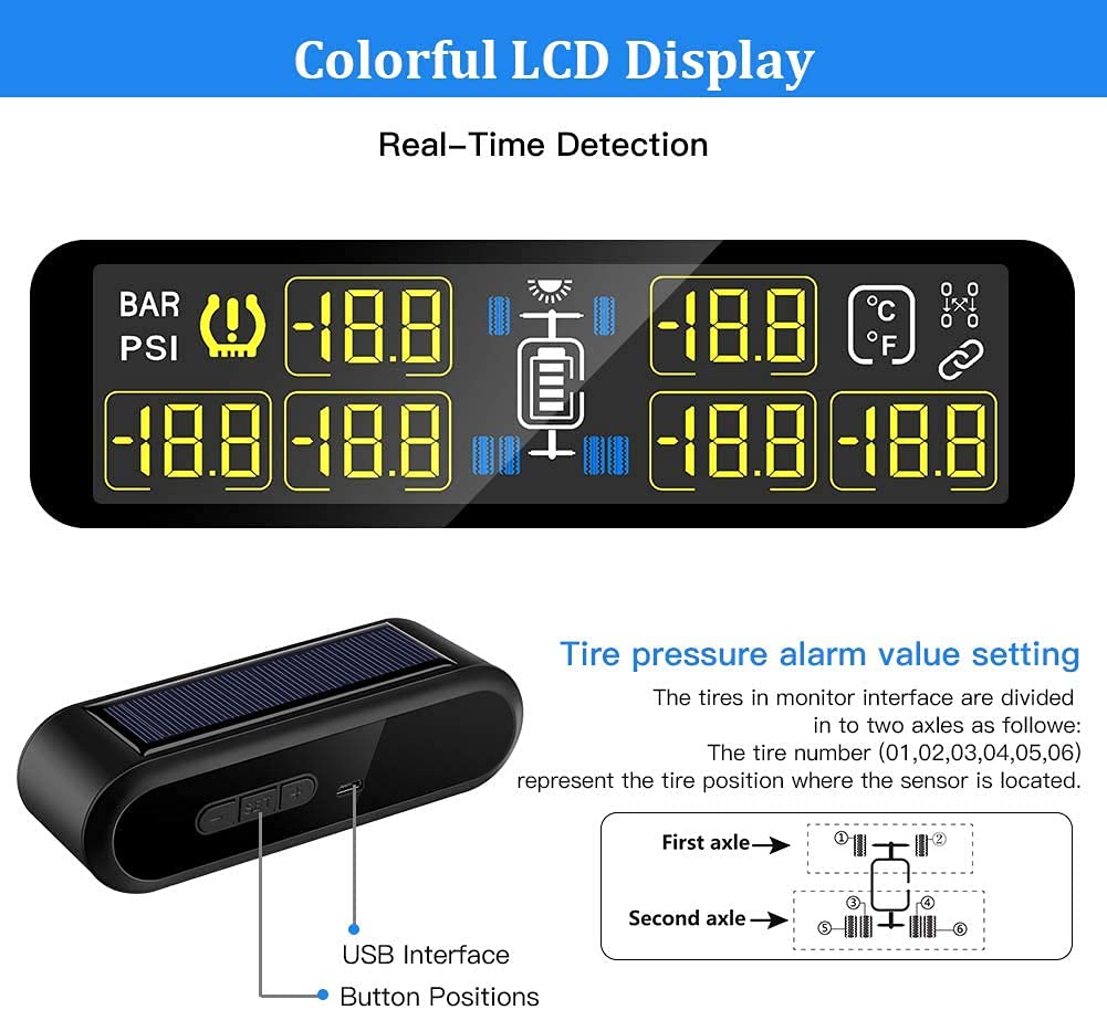 Sistema de monitoreo de presión de neumáticos de TPMS de energía Solar inalámbrica con 6 sensores para 4-6 neumáticos Coche RVs Camión Remolque Muestra en Tiempo Real Presión y Temperatura