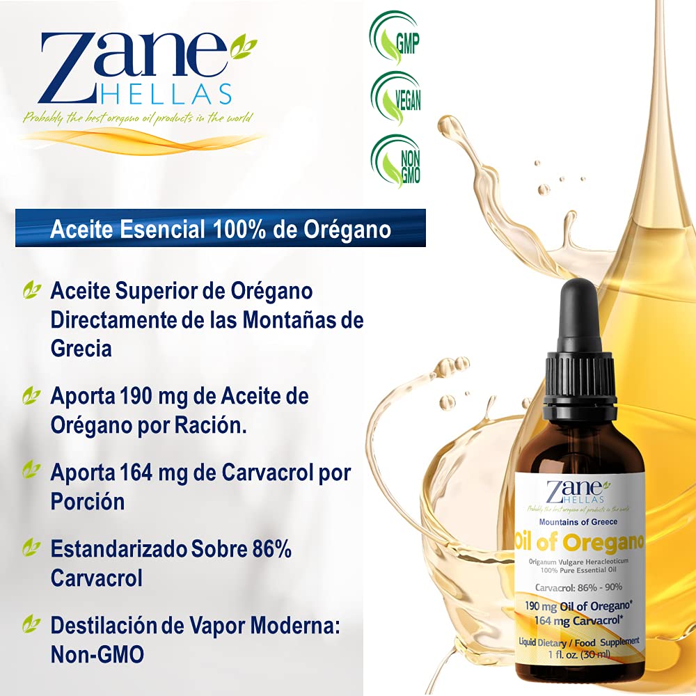 Zane Hellas 100% Aceite de orégano sin diluir - 86% Min Carvacrol. 164 mg de Carvacrol por porción. Probablemente el Mejor Aceite de orégano del Mundo. 30 ml.
