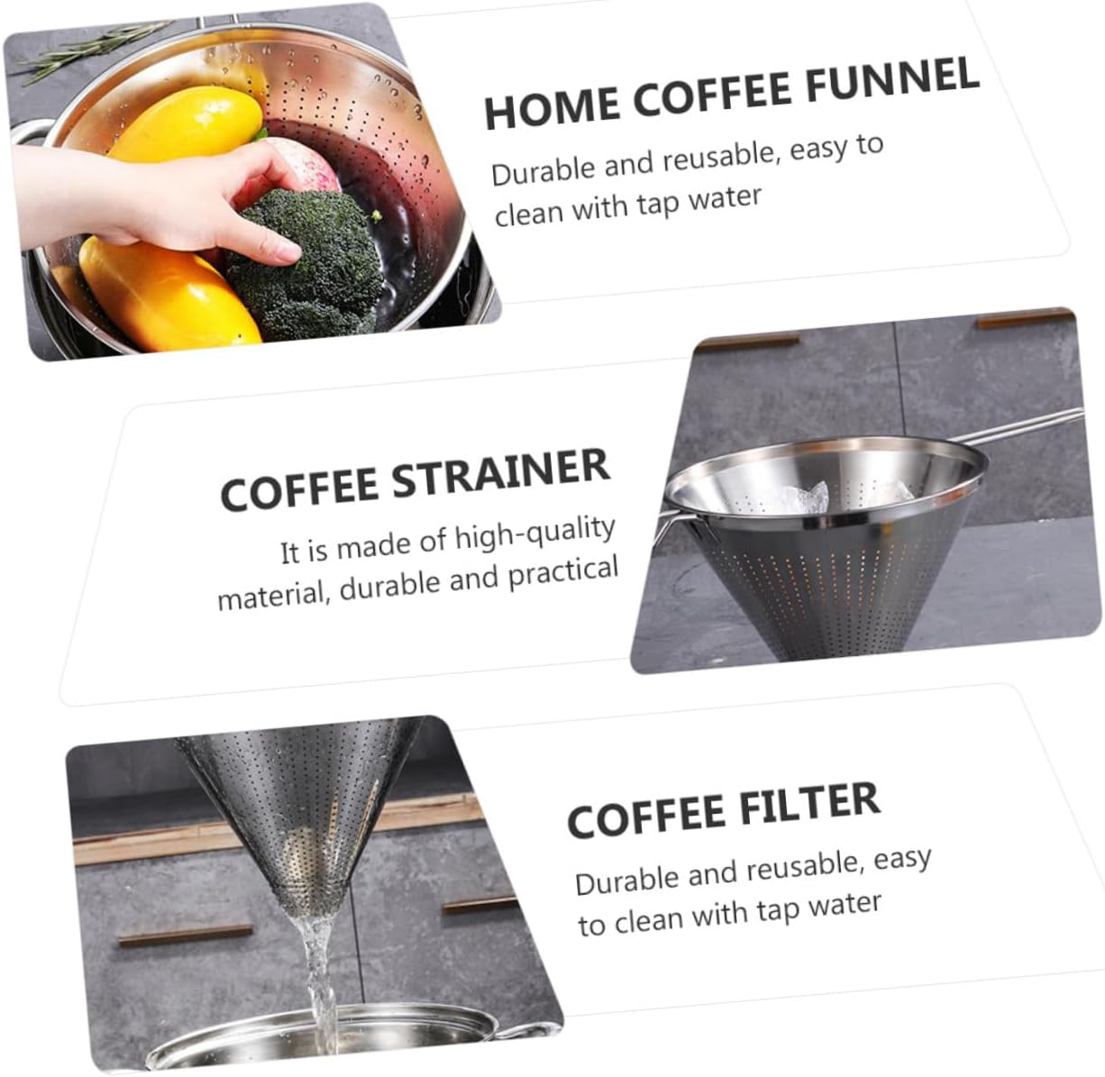 Uonlytech 2pcs Manual Reusable Coffee Tea Filter Cone Stainless Steel Dripper Filter Cup for Tea