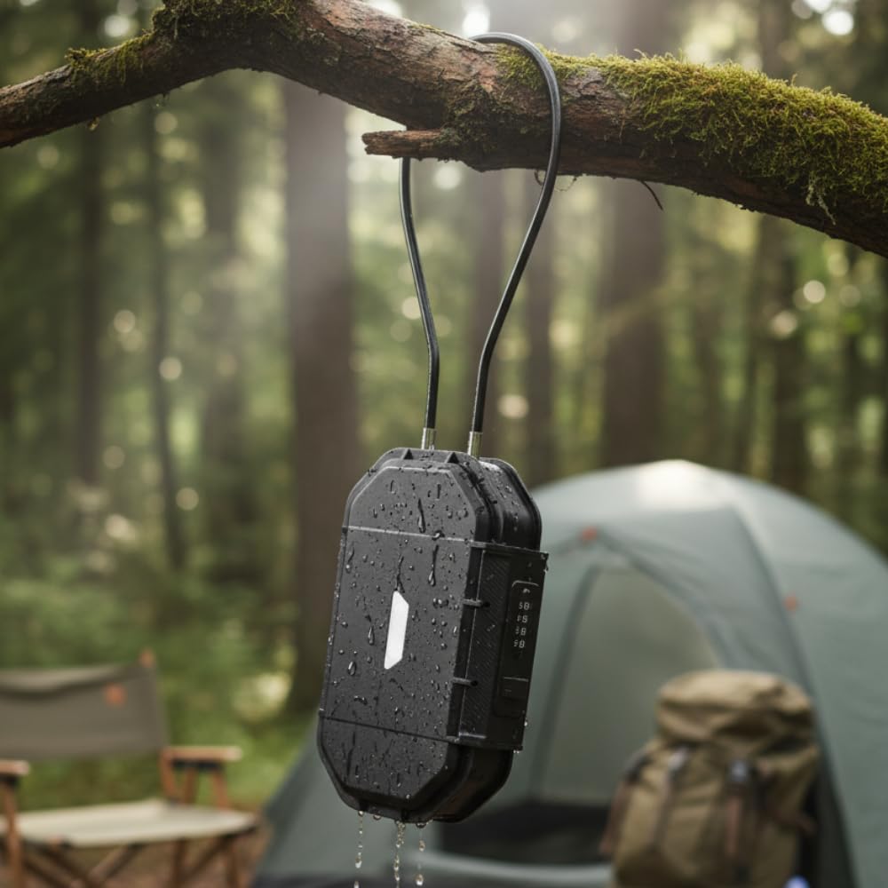 BRÜNN Cassetta di sicurezza portatile con serratura a combinazione, impermeabile, da viaggio, con cavo in acciaio, colore nero, scatola con combinazione, ideale per esterni, campeggio, spiaggia