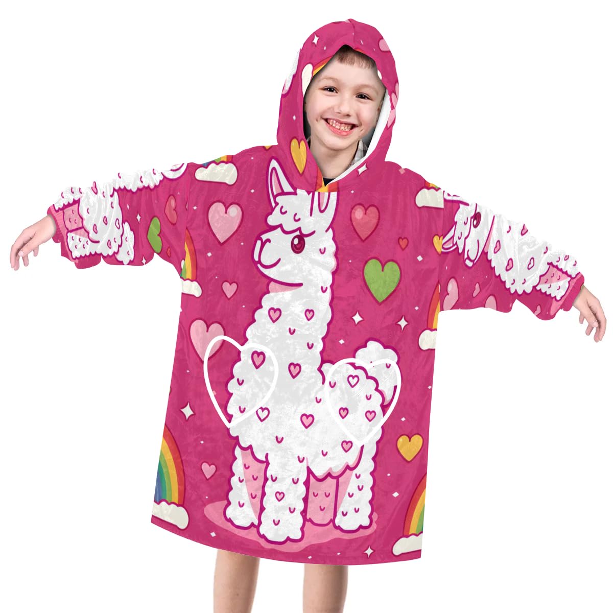 Wearable Blanket Hoodie for Kids, Rainbow Alpaca Fleece Sweatshirt Blanket Oversized Blanket Sweatshirt with Pocket Flannel Warm Hooded Blanket 6-10 Year Old Girl Boy Gift, One Size