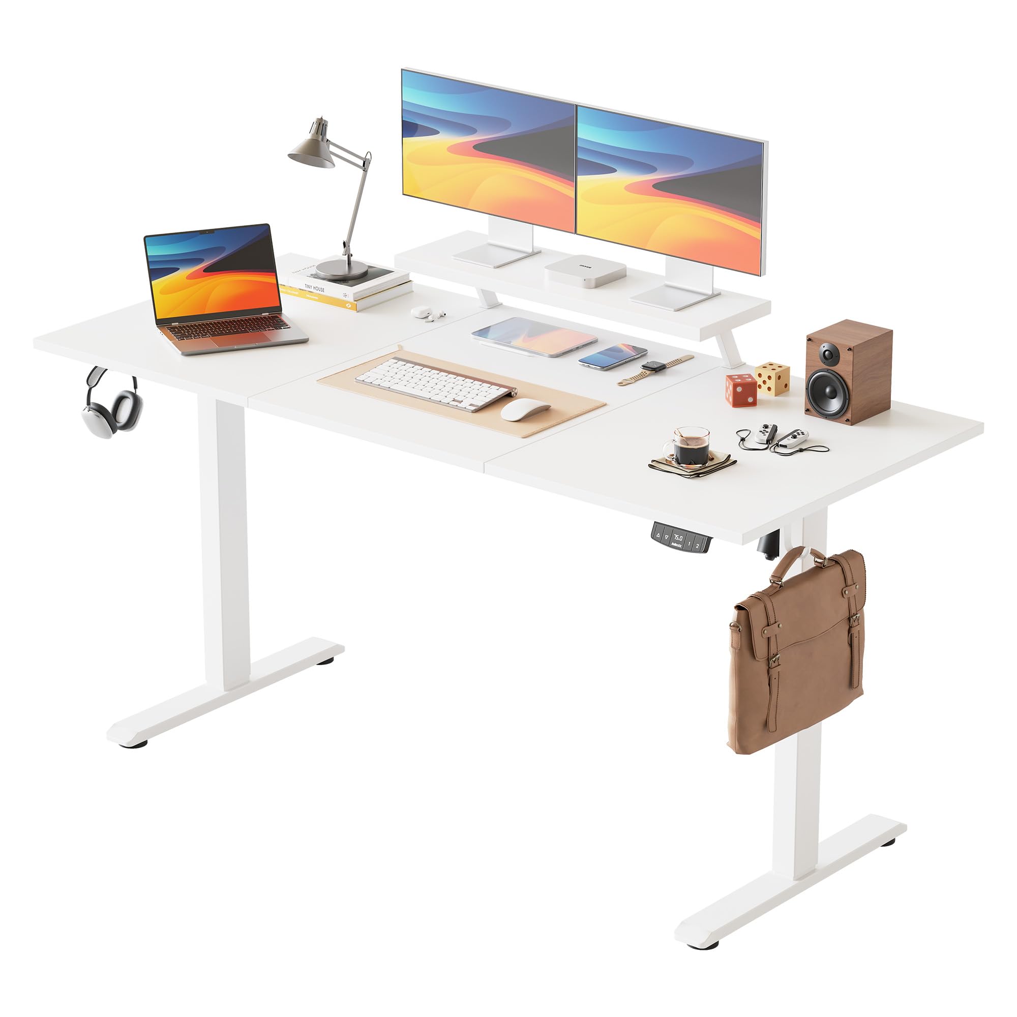 Agilestic Electric Standing Desk with Movable Monitor Stand, Height Adjustable Desk with 2 Memory Buttons, 160 x 60 cm, for Home Office, White