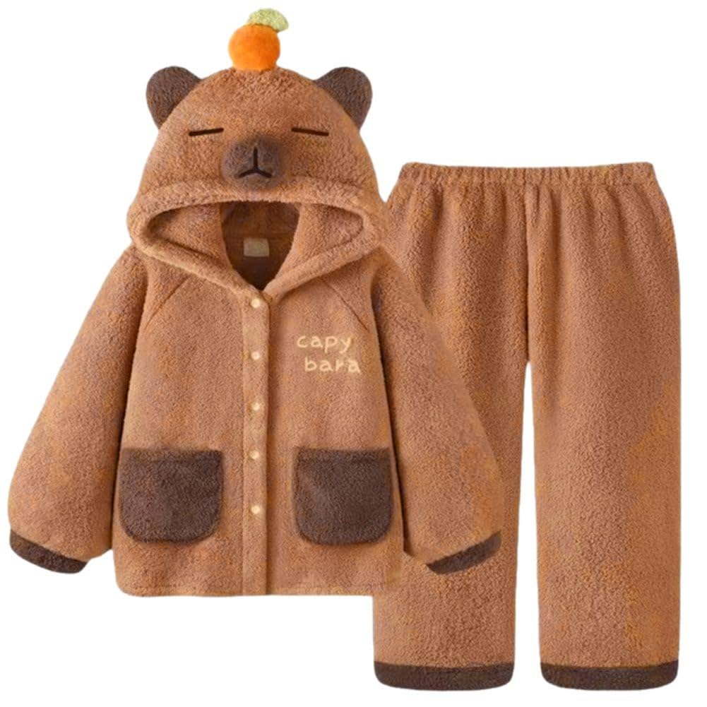 Casiler Women's Brown Cute Capybara Coral Fleece Pajamas Set Animal-Printed Plush Hooded Pajamas Elastic Waist Fleece Pant Warm Clothing