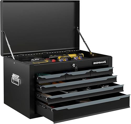 IRONMAX Caja de herramientas pequeña, caja de herramientas de acero con cerradura de 24 pulgadas con 6 cajones y bandeja superior, organizador de