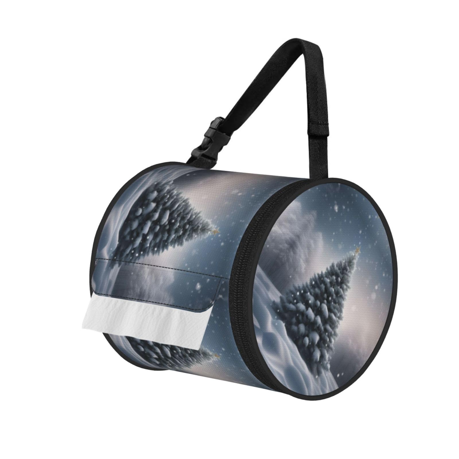 Jiuty Black Christmas Tree Snow Print Cylinder Tissue Organizer Bag With Strap, Portable Toilet Roll Holder For Camping Car