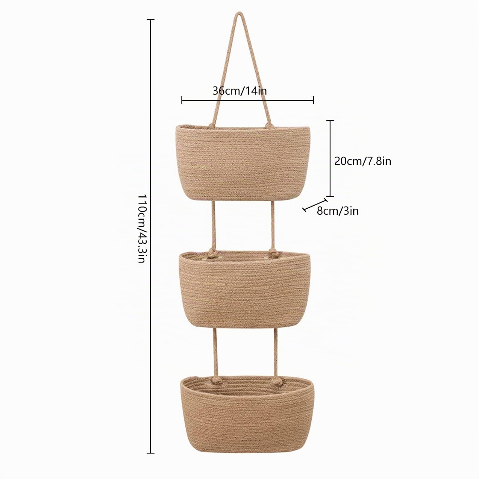 Organizzatore sospeso, a 3 livelli, da appendere alla parete, in corda di cotone, per soggiorno, camera da letto, bagno, cameretta dei bambini (B)