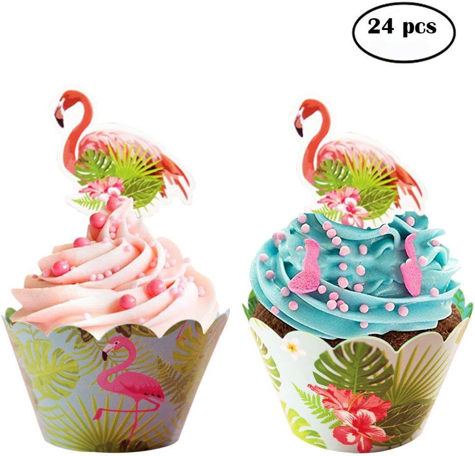24pcs Flamingo Double Sided Paper Cupcake Wrappers + 24pcs Flamingo Cupcake Toppers for Kids Party Cupcake Decorations